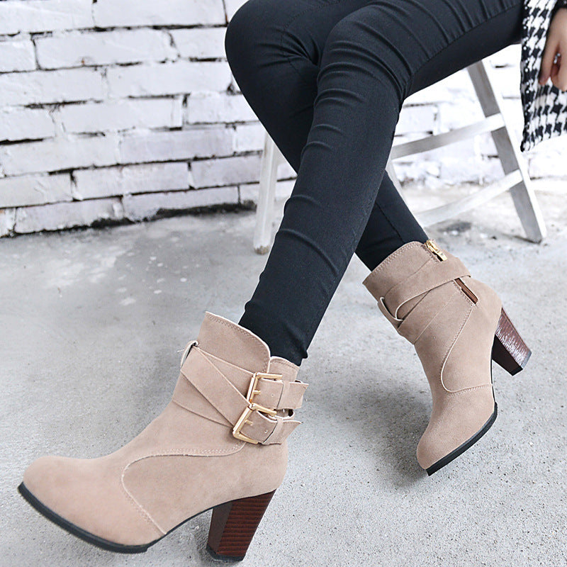 Women’s Suede Thick High Heel Ankle Boots with Buckles 