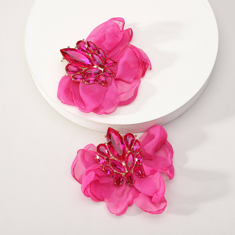 Colorful Sparkly Rhinestone Chiffon Flower Large Stud Earrings For Women Bold Statement Jewelry For Party Prom Vacation