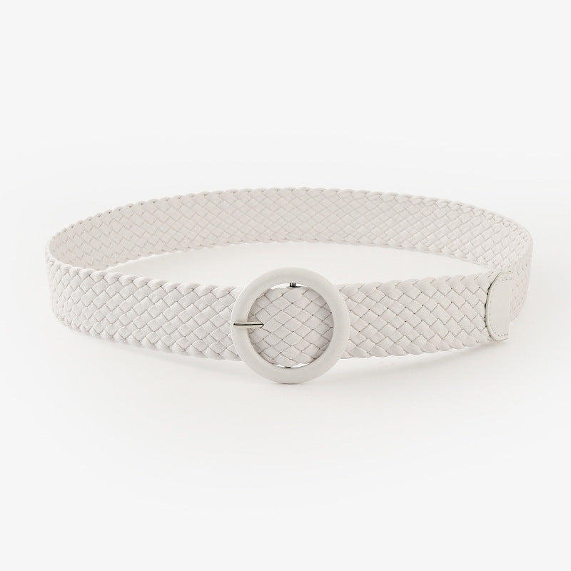 Woven Solid Colour Women’s Belt with Round Buckle