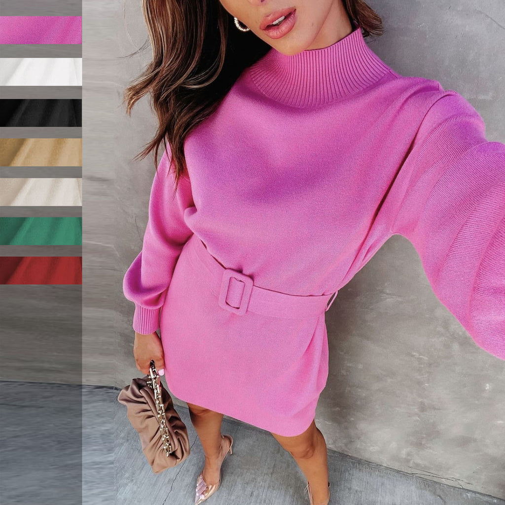 Women's Turtleneck Knit Sweater Dress with Belt in 7 Colors S-XL - Wazzi's Wear