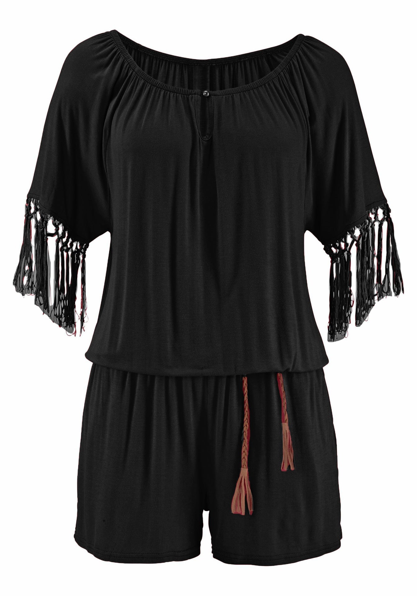 Women’s Off-the-Shoulder Romper with Tasseled Short Sleeves and Pockets in 3 Colors S-XXL - Wazzi's Wear