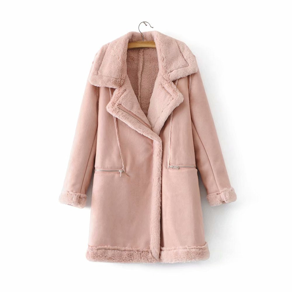 Women's Suede Mid-Length Coat with Warm Lambswool Lining