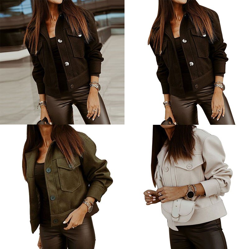 Women’s Cropped Woolen Long Sleeve Jacket with Pockets in 3 Colors S-XXL - Wazzi's Wear