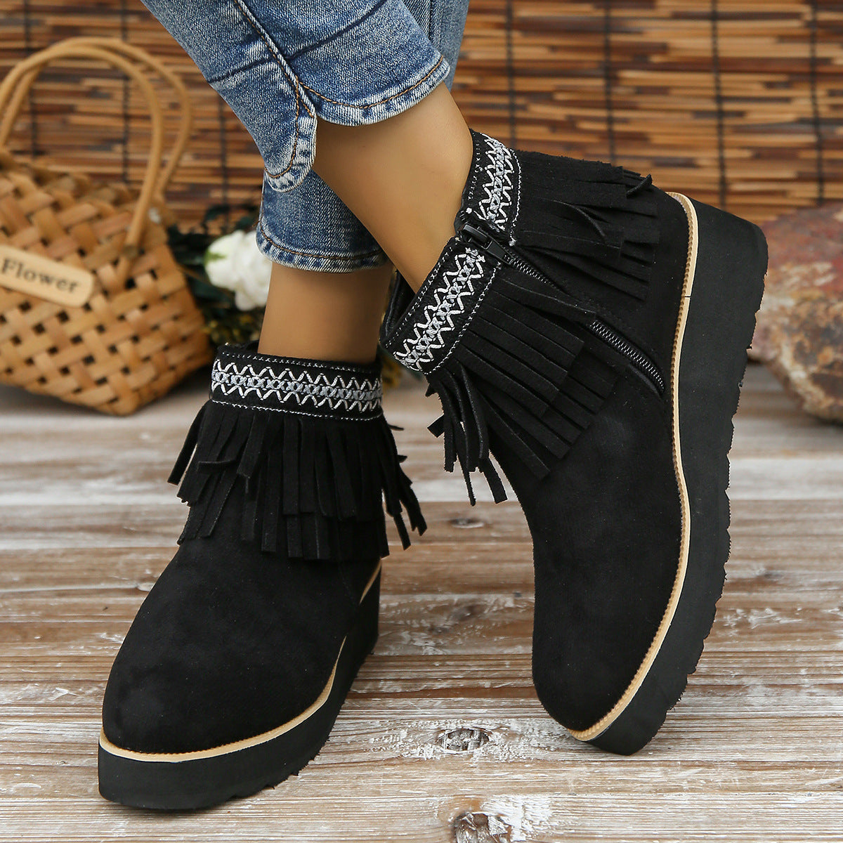 Women’s Suede Ankle Boots with Fringe and Wedge Heel in 3 Colors