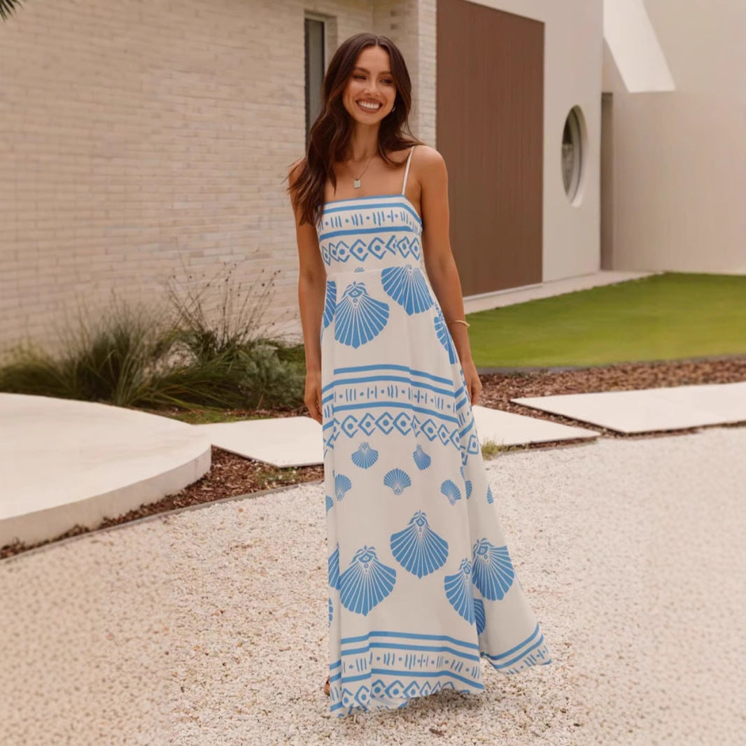 Shell-printed French-style High-waisted Full-skirted Slip Dress