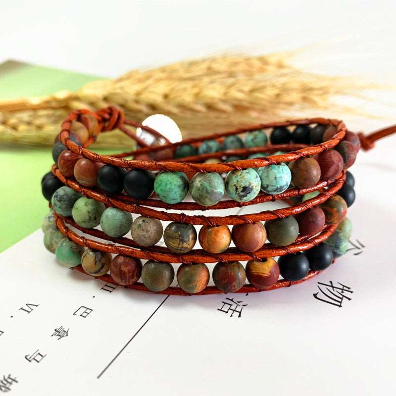 Bohemian Multi-Layer Leather Bracelet with Agate Gemstones - Wazzi's Wear