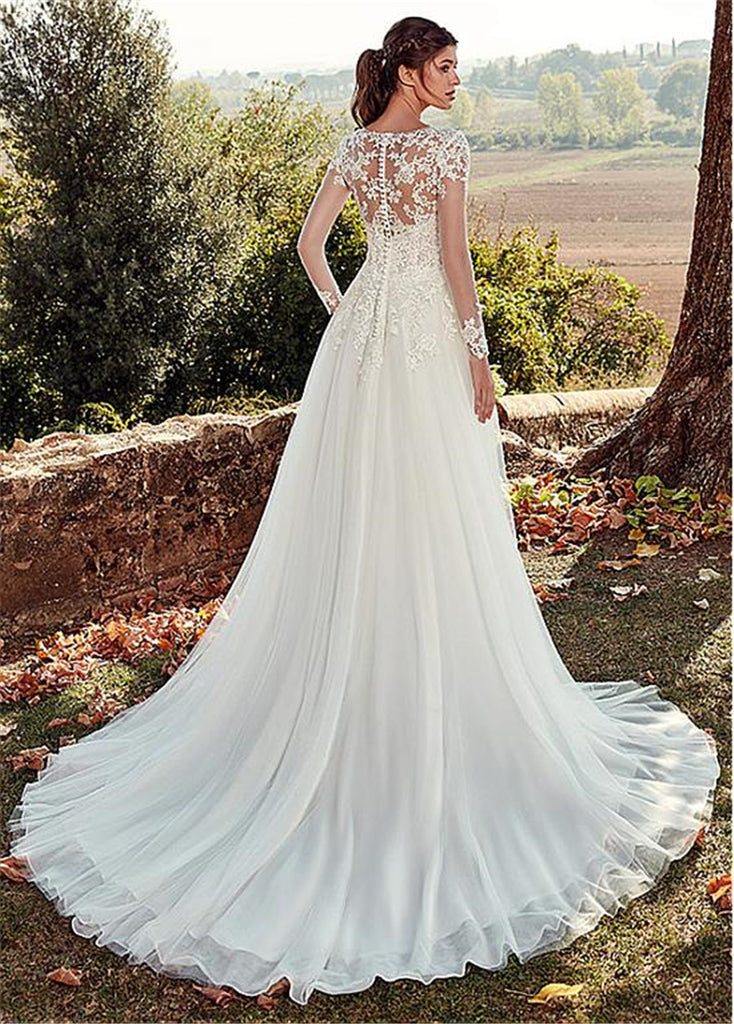 Women’s Lace Bodice Long Sleeve A-Line Wedding Dress with Train XS-3XL - Wazzi's Wear