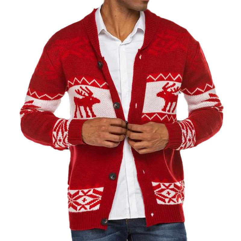 Men's red Christmas jacquard sweater cardigan with reindeer pattern and button closure