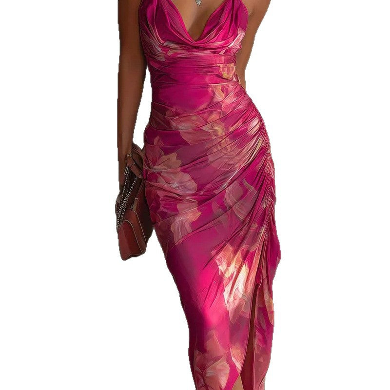 Strapless Backless Printed High-slit Dress