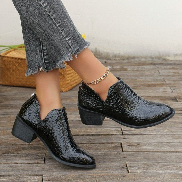 Women’s Crocodile Pattern Ankle Boots with Chunky Mid Heel