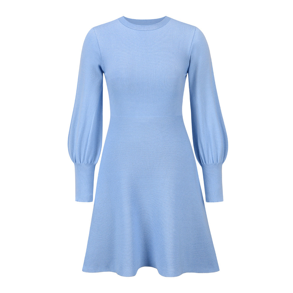 Women’s Round Neck Sweater Dress with Long Puff Sleeves in 4 Colors S-XXL - Wazzi's Wear