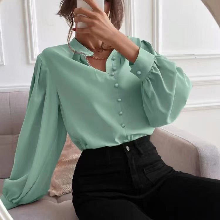 Women’s Mock Neck Long Sleeve Blouse with Pleated Collar