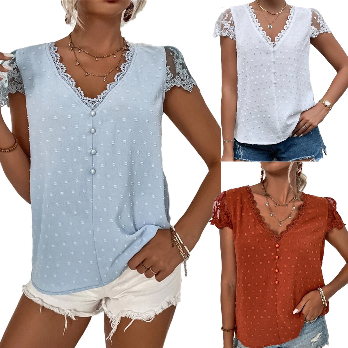 Women’s V-Neck Short Lace Sleeve Top with Decorative Buttons in 3 Colors S-XXL - Wazzi's Wear