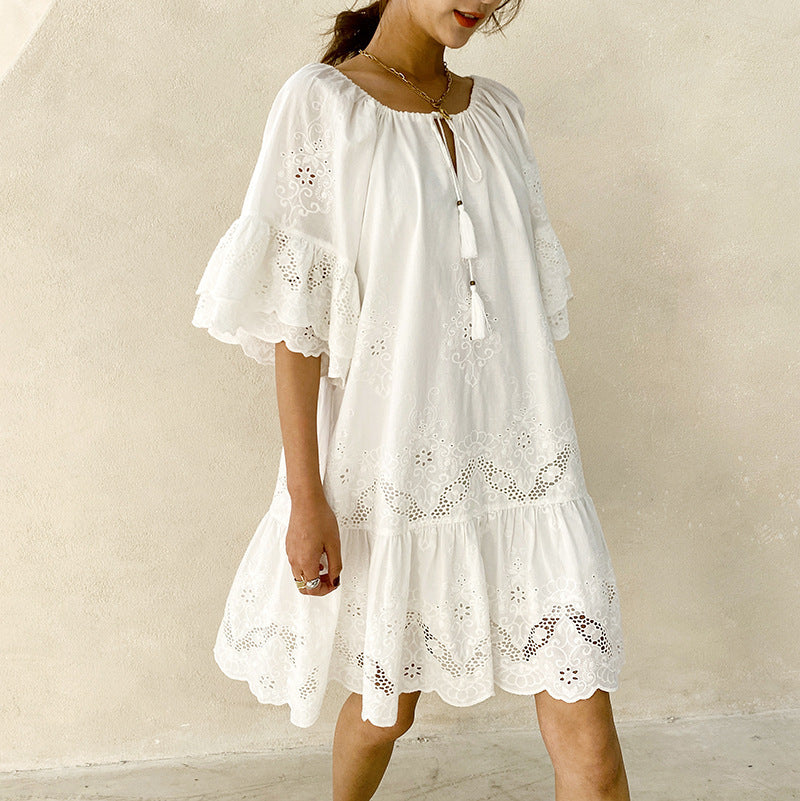 Embroidered Cotton Breathable White Resort Dress