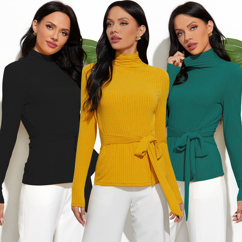 Women’s Long Sleeve Sweater with Waist Tie in 3 Colors S-XL - Wazzi's Wear