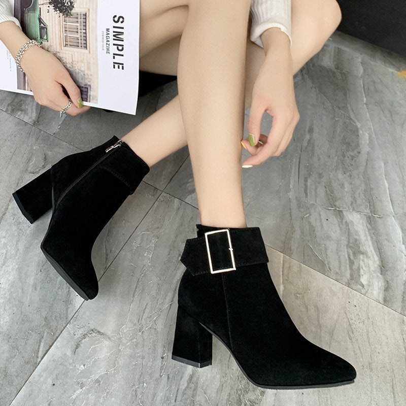 Women's Suede Block Heel Ankle Boots with Pointed Toe