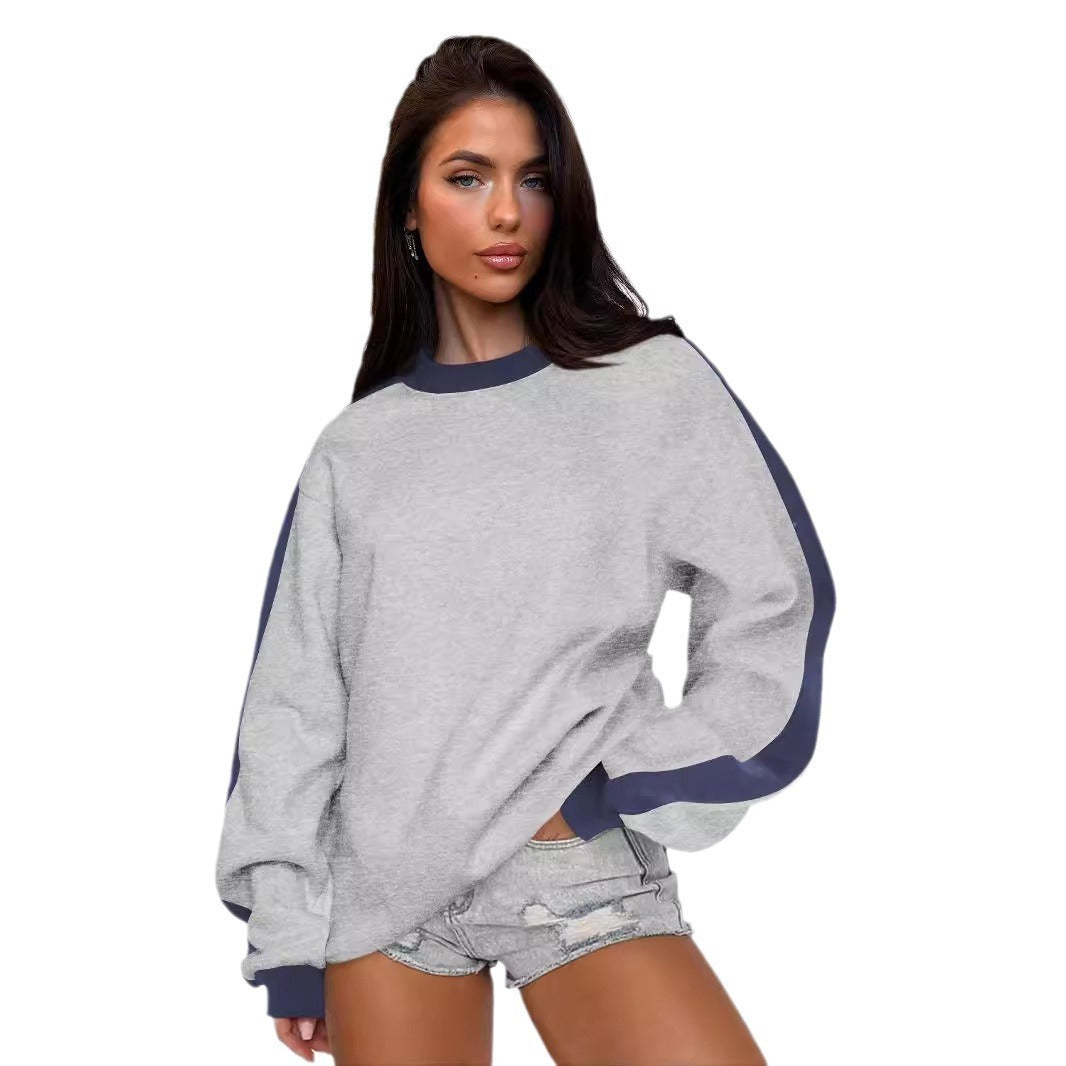 Contrast Color Round Neck Long Sleeve Women’s Sweatshirt