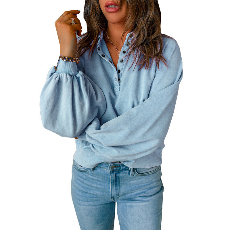 Women’s Loose Fit V-Neck Button Collar Sweatshirt