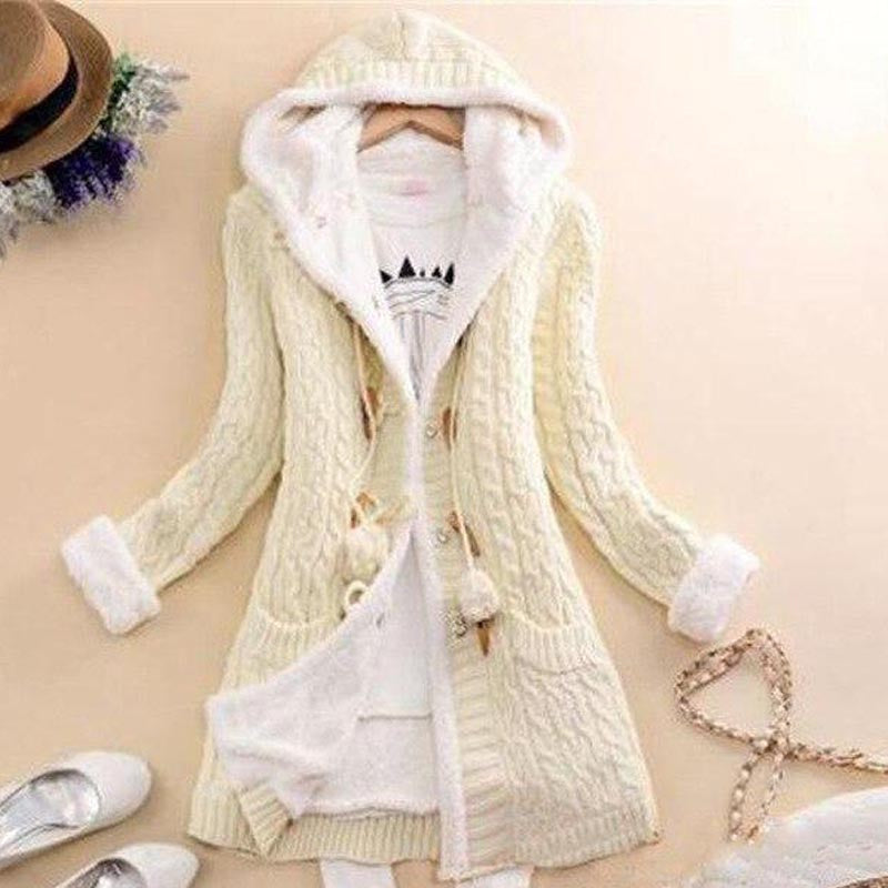 Women's Plush Hooded Knit Cardigan Coat with Buttons and Pockets in 6 Colors S-5XL - Wazzi's Wear