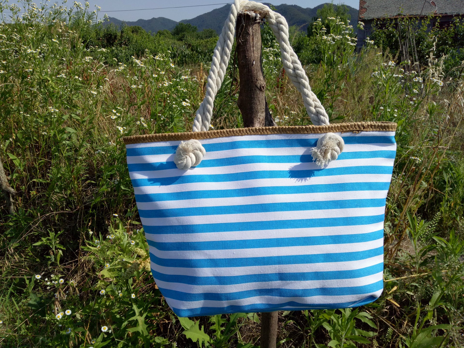 Women's Canvas Large Capacity Striped Beach Bag in 6 Colors