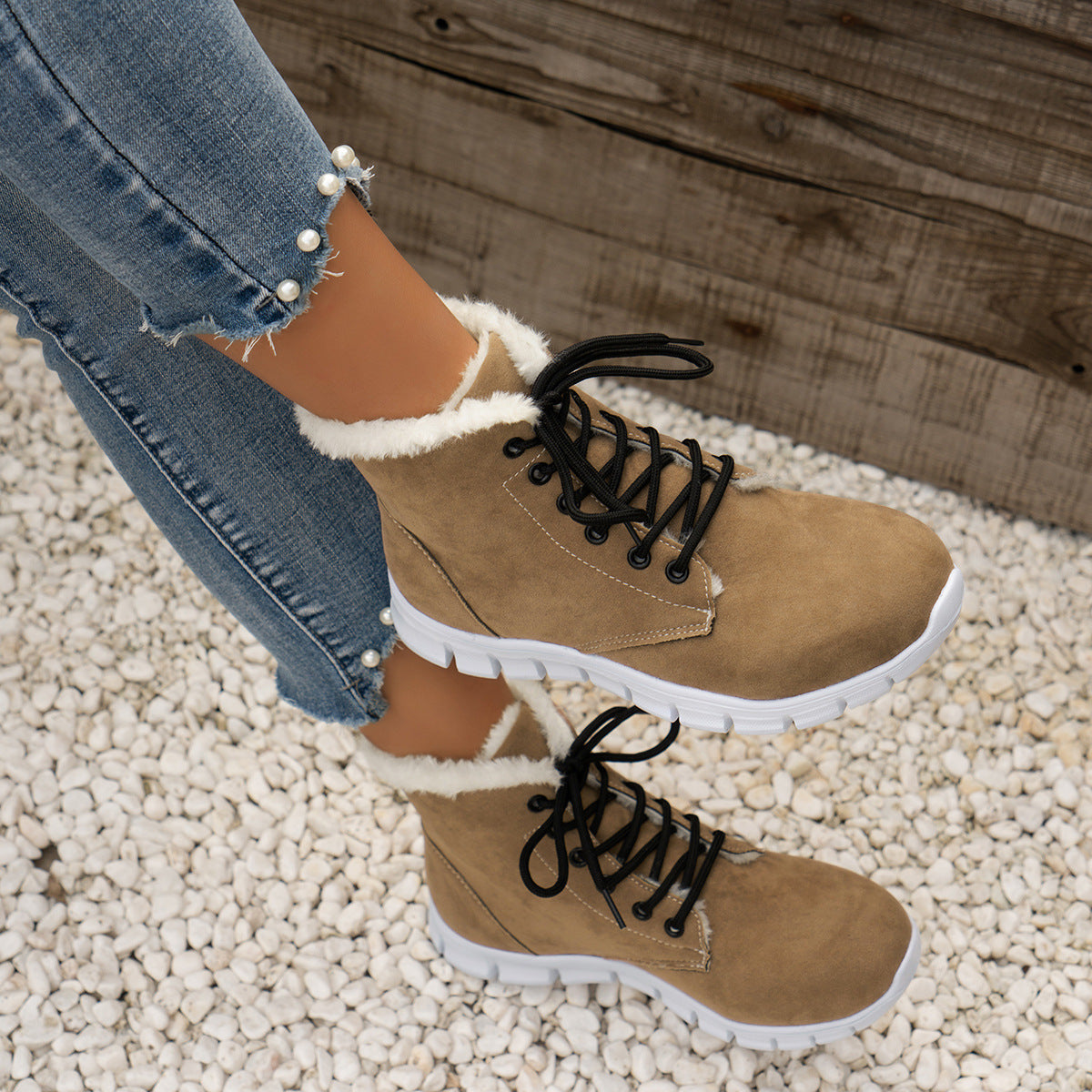 Women's Lace-Up Flat Sole Plush Ankle Boots