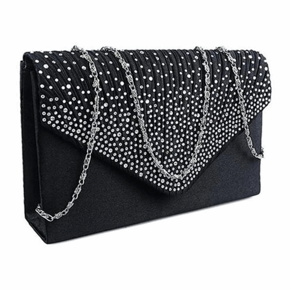 Elegant Satin Evening Bag with Rhinestones and Shoulder Chain in 2 Colors - Wazzi's Wear