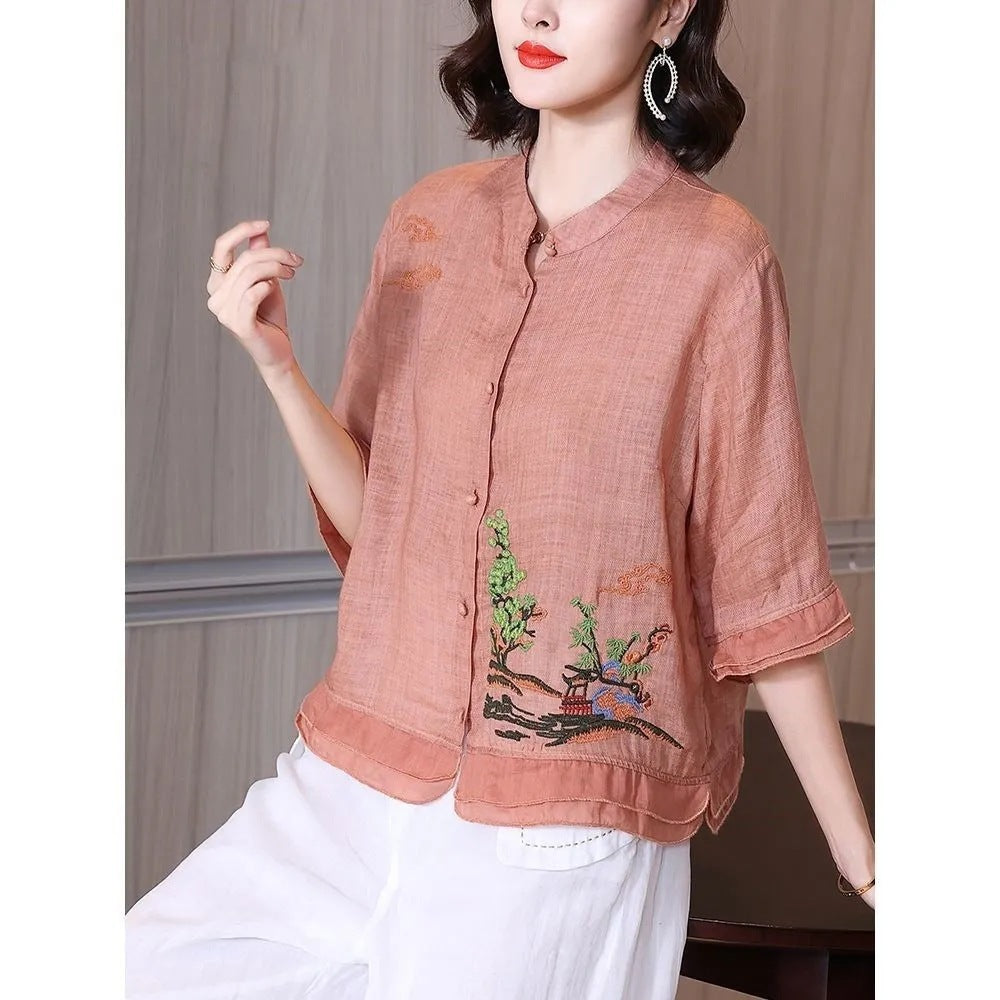 Women's Vintage Cotton Linen Embroidered T-shirt