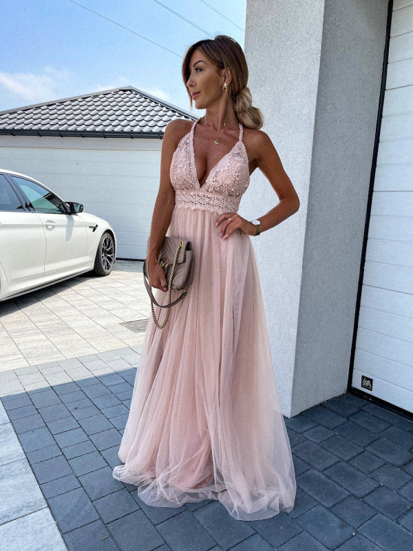 Women’s Sleeveless V-Neck Evening Gown with Chiffon Skirt