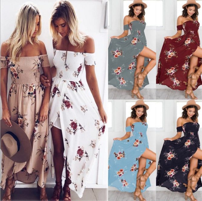 Women's boho style long dress, off-shoulder beach summer dresses with floral patterns.
