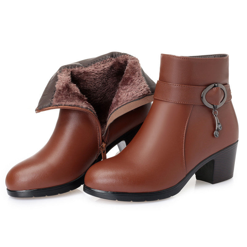 Women’s Wool Lined Leather Winter Boots with Thick Heel and Zipper in 3 Colors - Wazzi's Wear