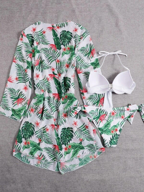 Women's Push Up Bikini with Matching Floral Kimono Three Piece Set