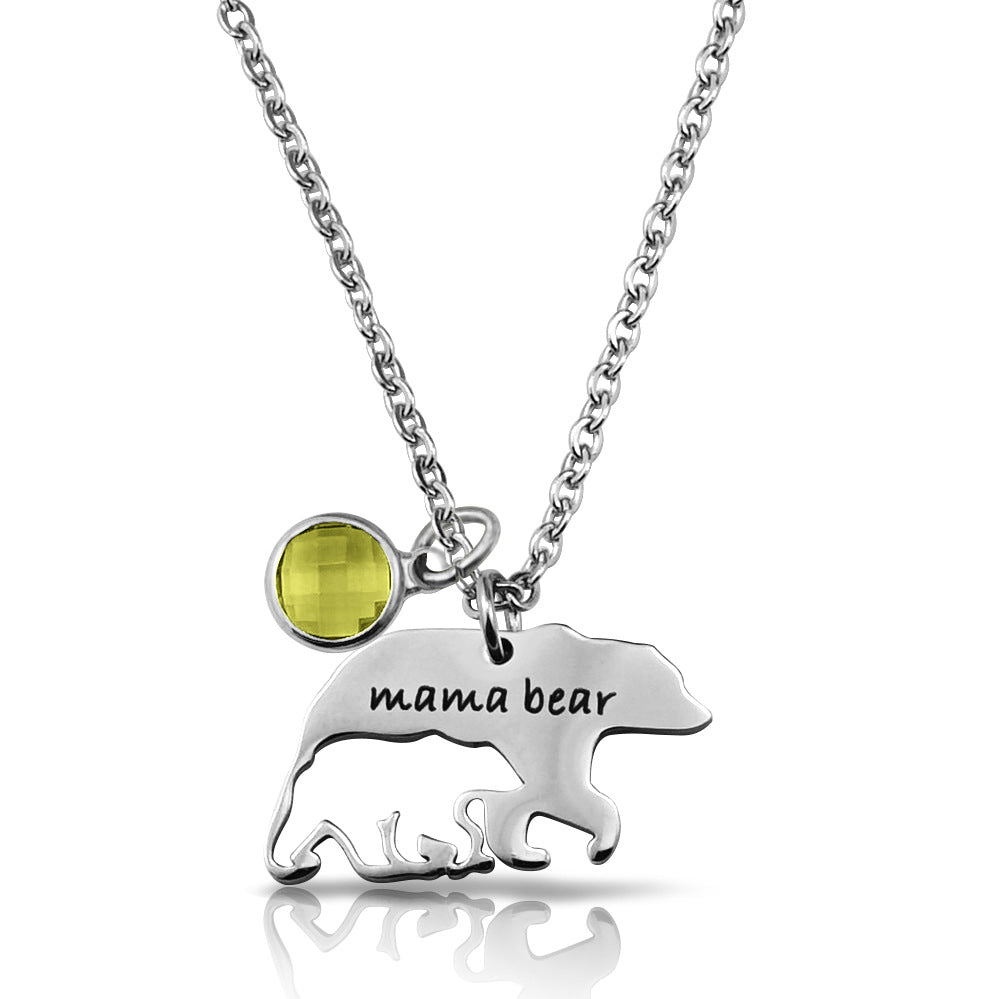 Women’s Stainless Steel Mama Bear Necklace with Gemstone in 6 Colors - Wazzi's Wear