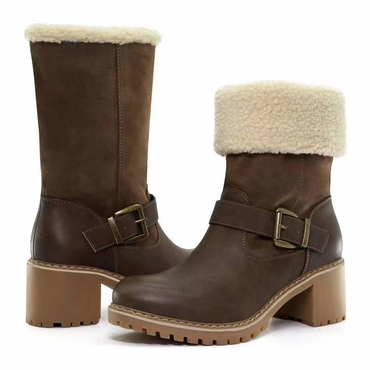 Women’s Plush Slip-On Mid-Calf Boots with Chunky Heel and Buckle