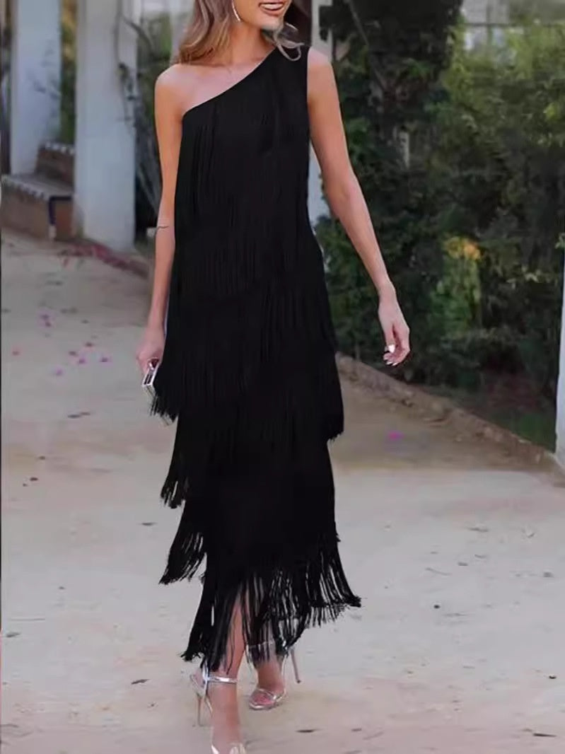 Women’s Solid Color Dress with Diagonal Collar & Multi-layer Tassel Stitching Design