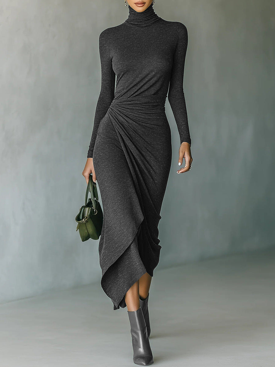 Womens High Neck Defined Waist Asymmetrical Wrap Dress