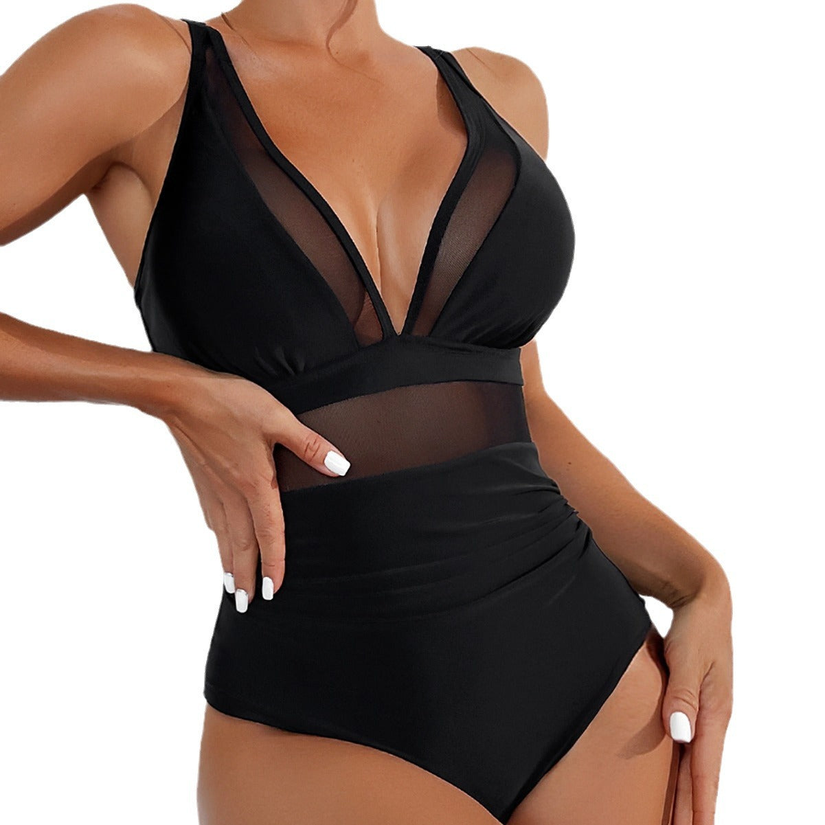 Women’s Black One Piece Swimsuit with Mesh and Adjustable Straps S-XL