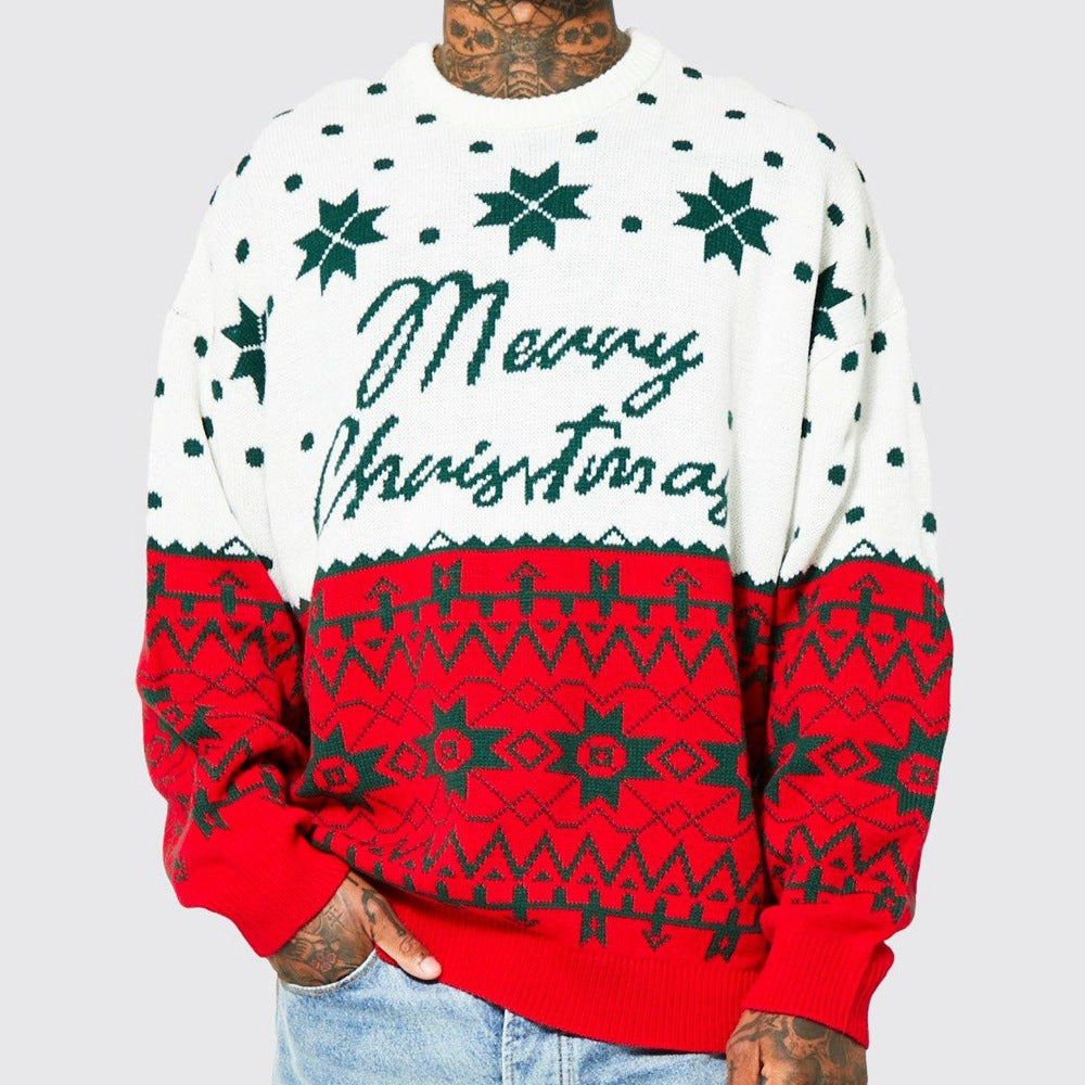 Men's new fashion knitted jacquard loose round neck pullover sweater in white and red with Christmas design