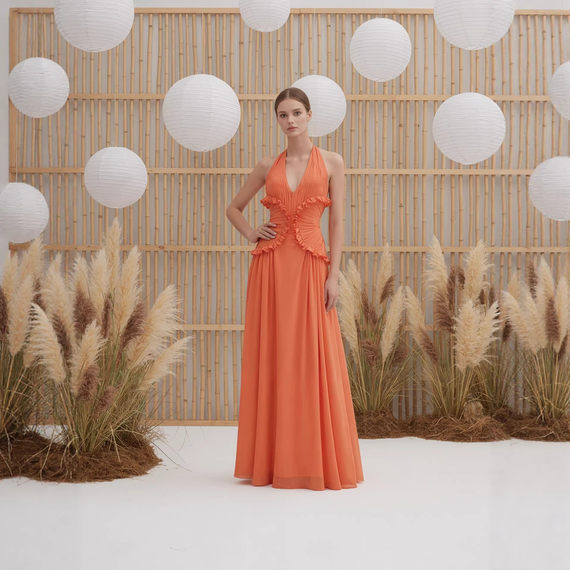 Hollow-out Halter Floor-length Dress