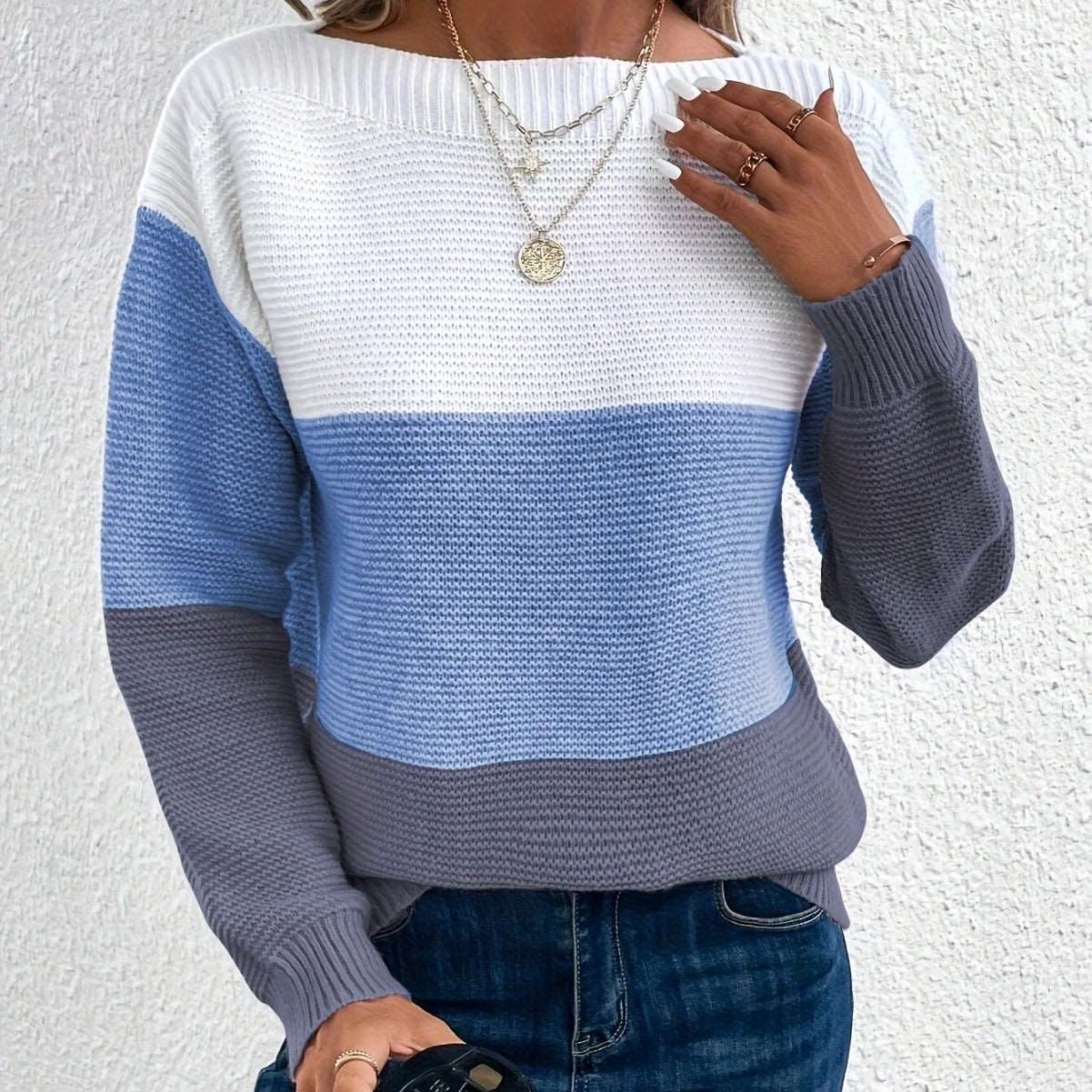 Women's Round Neck Long Sleeve Colorblock Sweater in 8 Colors S-XL