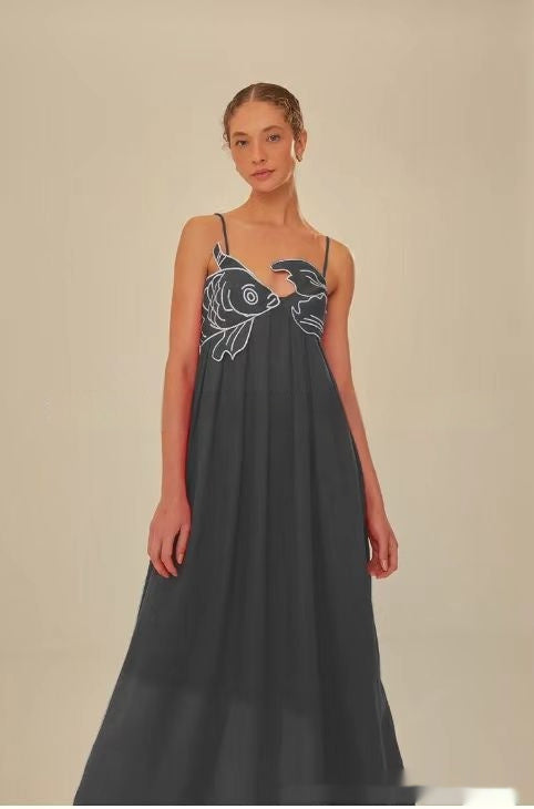 Red Fish-shaped Top Extra Long Dress Backless Slip Dress