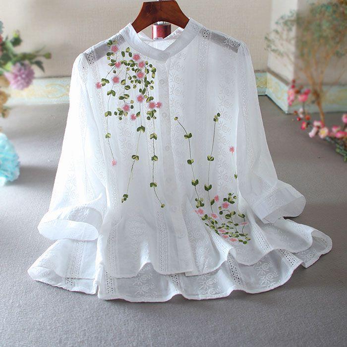 Vintage Lace Shirt Women's Ruffled Embroidered Top
