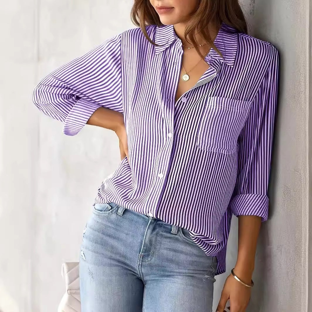 Women's Elegant Striped Long Sleeve Shirt - Pointed Lapel Collar With Chest Pocket