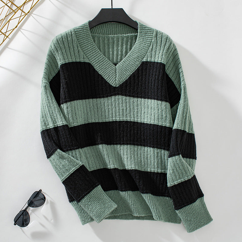 Women's V-Neck Long Sleeve Striped Sweater