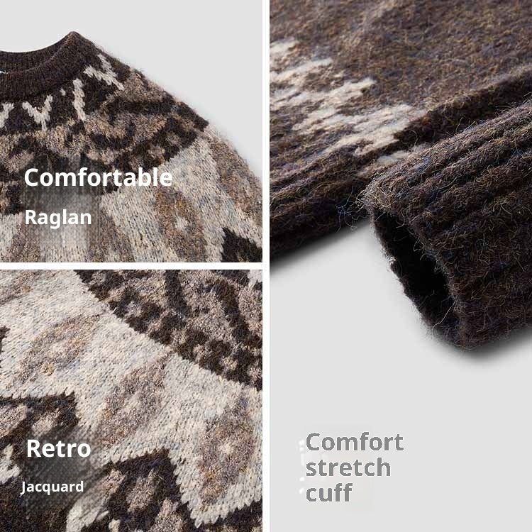 Men's round neck jacquard Christmas knitted sweater in brown with long sleeves and comfort stretch cuff