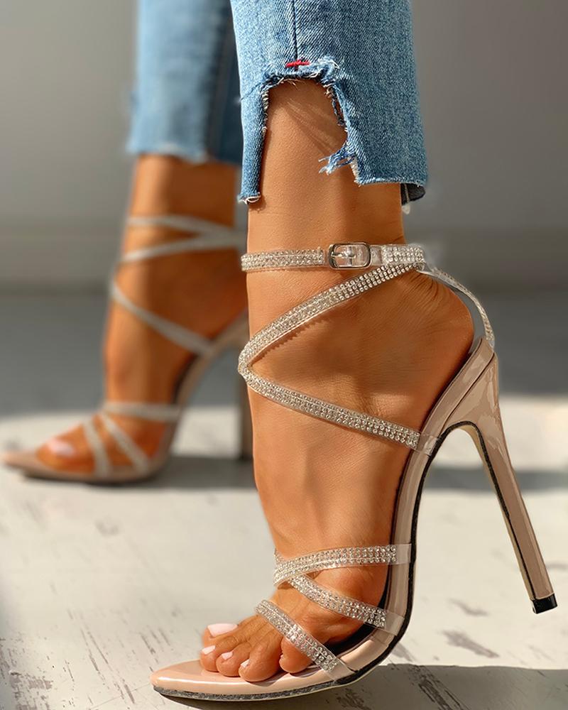 Women’s High Heel Pointed Toe Rhinestone Strappy Sandals in 3 Colors - Wazzi's Wear