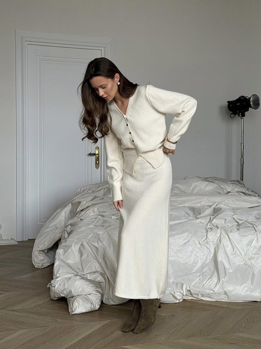 V-neck Knitted Cardigan A- Line Midi Skirt Two-piece Set