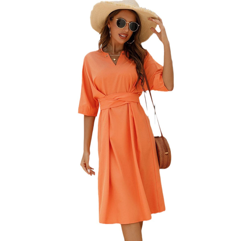 Women’s Orange V-Neck A-Line Midi Dress with High Waist and Short Sleeves S-XL - Wazzi's Wear