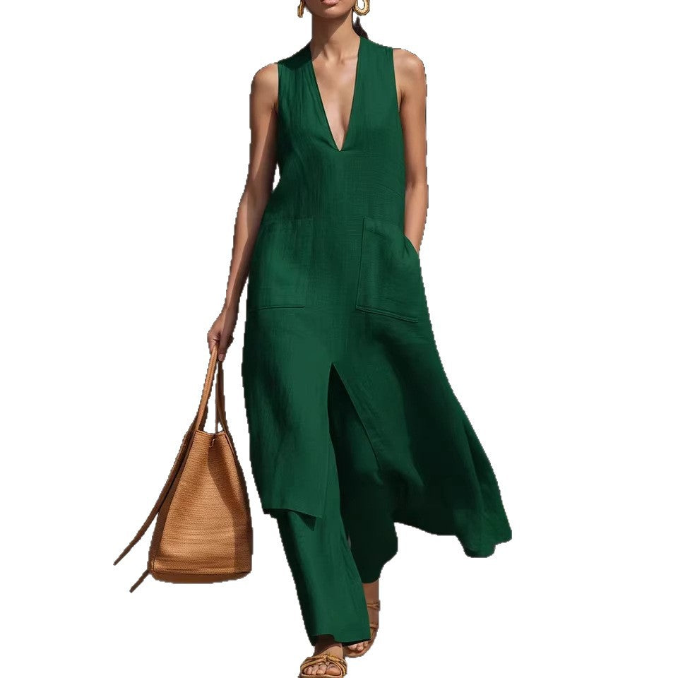 Casual New Style V-Neck Sleeveless Dress Set