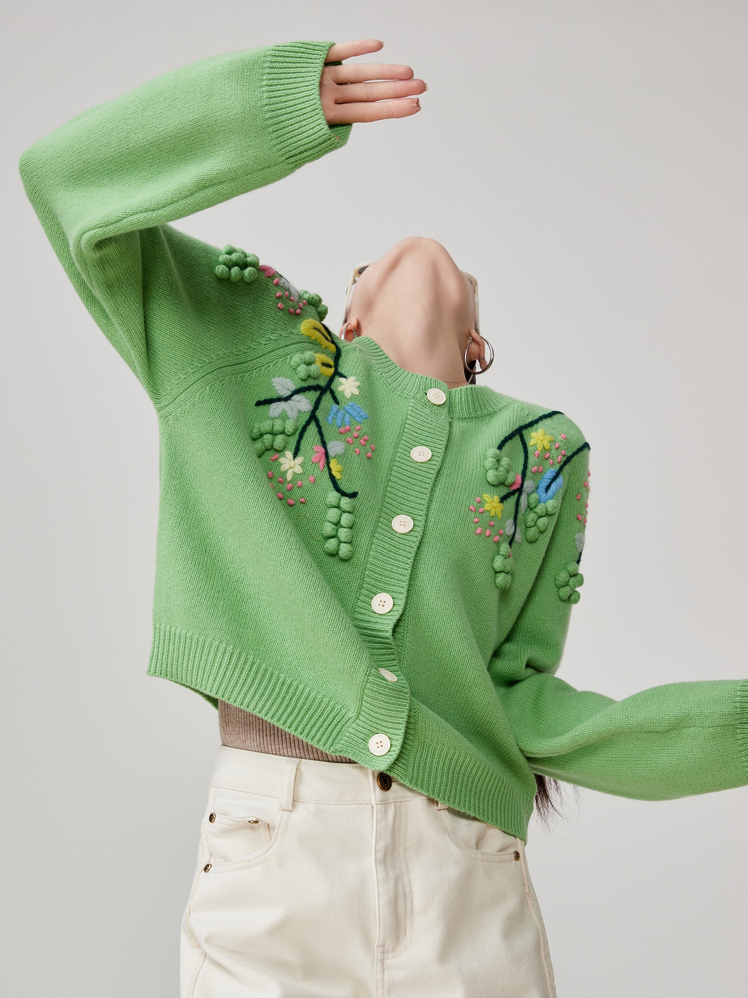 Green Handmade Three-dimensional Embroidered Round Neck Knitted Cardigan For Women