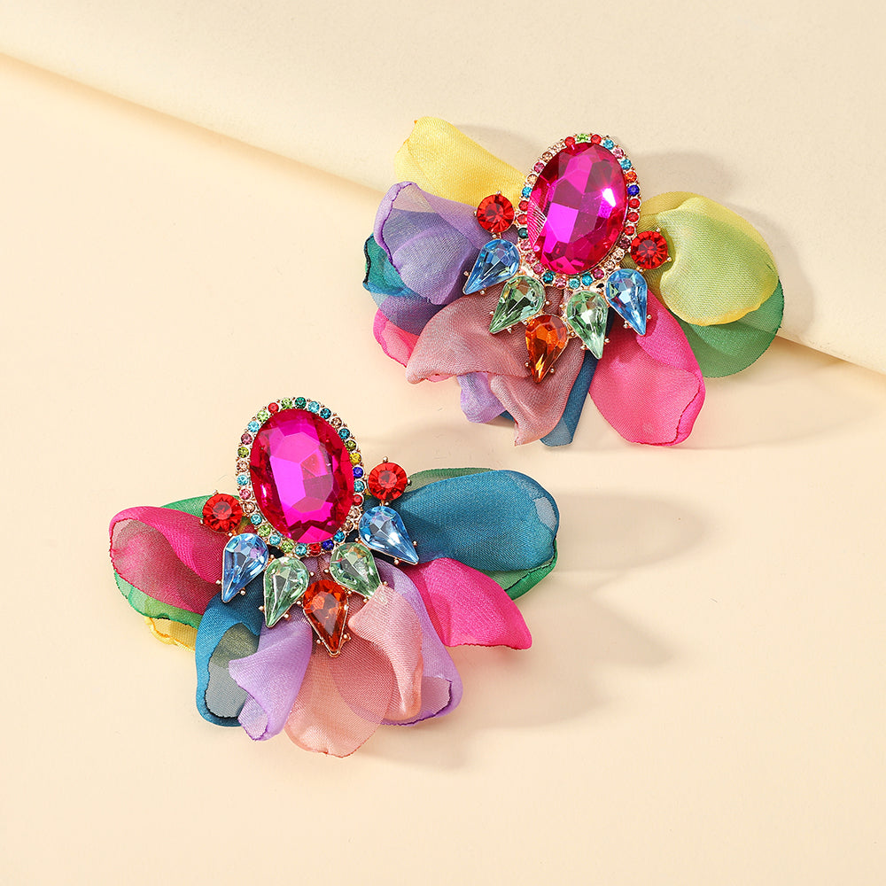 Handmade Coloful Glass Chiffon Flower Stud Earrings For Women Bold Fashion Jewelry Party Prom Vacation